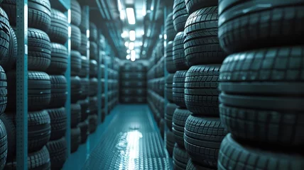 Fotobehang Neatly stacked tires in a bright and clean storage room © Putra