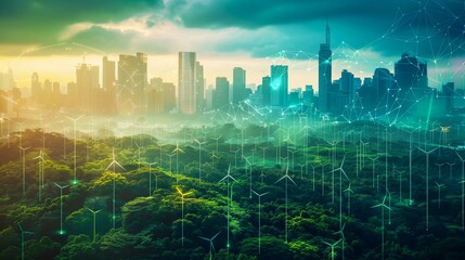 Green Grass Urban Landscape with Wind Turbines and City Skyline