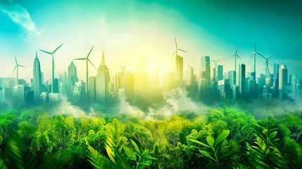 Foto op Canvas Green Grass Urban Landscape with Wind Turbines and City Skyline © apirom
