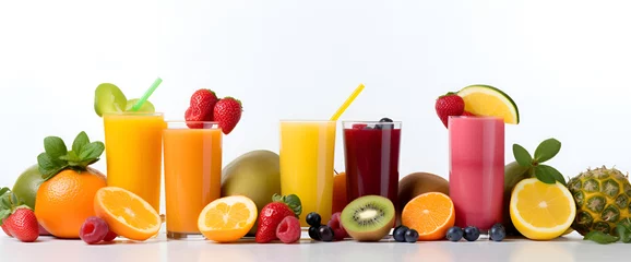 Schilderijen op glas Set of fruit and vegetable and berries juice on white background ,Fresh fruit juices in glasses with straws on wooden table outdoors © Raees