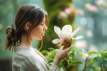 Foto auf Leinwand Pretty young woman holding magnolia flowers in her hands against blurred sunny summer park background. Concept of spring, no allergies, health, environment, love for nature and beauty © KRISTINA KUPTSEVICH