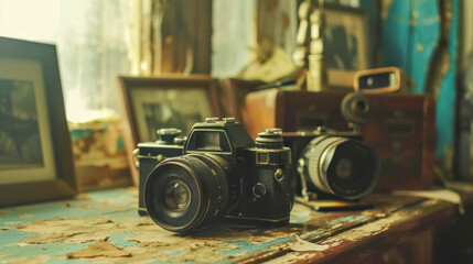 Vintage camera collection on rustic table