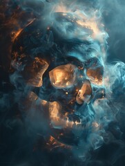 An astonishing digital art of skull, bioluminescent, smoke, fog background