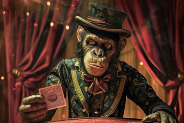 chimpanzee-headed man, dressed as a magician, performing a card trick on stage, digital art