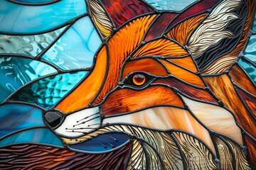 Colorful stained glass depiction of a friendly red fox, cunning and detailed - obrazy, fototapety, plakaty