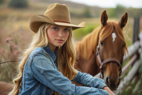 A woman in a cowboy hat poses with a brown horse. The photo has a rustic, western feel to it. Cowgirl relax with horse on farm