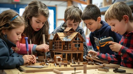 A group of children huddled around a workbench, tools in hand, work together to build a miniature treehouse from scrap wood. (inventive, collaborative)