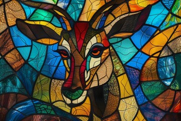 Fototapeta na wymiar Colorful stained glass portrayal of a graceful antelope, elegant and intricate