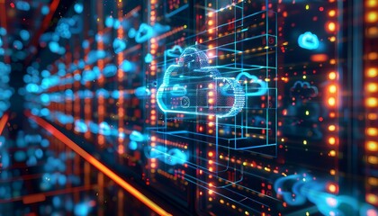Obraz premium Cloud Storage Solutions, cloud storage solutions with an image showing data being uploaded, stored, and accessed from remote servers, AI