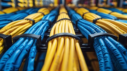 Array of yellow and blue cables neatly organized in server racks
