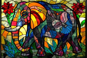 Fototapeta na wymiar colorful stained glass window featuring a majestic elephant, Vibrant Stained Glass Style, detailed