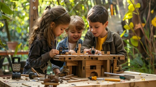 A group of children huddled around a workbench, tools in hand, work together to build a miniature treehouse from scrap wood. (inventive, collaborative)
