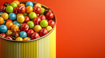 Colorful candy pieces in a tin can on vibrant background
