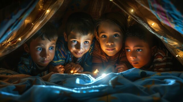 A group of diverse children huddled under a blanket in a fort, illuminated by a flashlight, brainstorming fantastical ideas for a comic book they're creating. (stylized, whimsical)