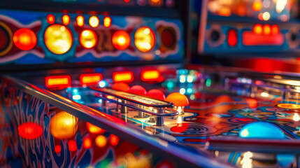Close view of a colorful pinball game board with bright lights and glossy metal parts