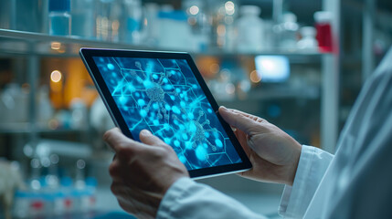 Scientist Analyzing Molecular Structures on Tablet