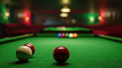 Snooker table with balls arranged for the break