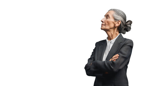 Portrait of a professional. Elderly businesswoman with folded arms looks sideways on white background.