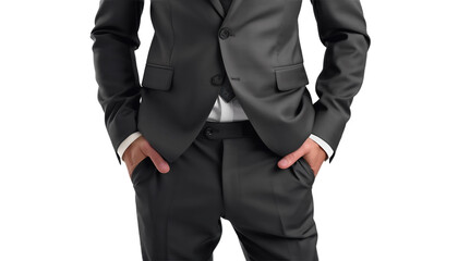 Businessman in an elegant suit with hands in his pockets on a white background. 