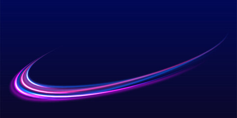 High speed effect motion blur night lights blue and red. Laser beams, horizontal light rays. Particle motion effect. Purple glowing wave swirl, impulse cable lines.