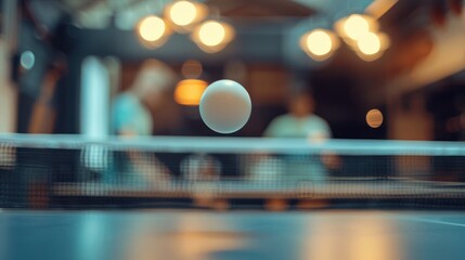 Ping pong ball mid-air above the table - obrazy, fototapety, plakaty