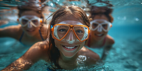 Naklejka premium Happy people snorkelling in the sea