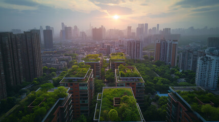 Fototapeta premium Sunset Over Eco-Friendly Urban Landscape