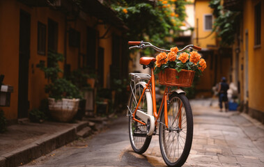 Fototapeta na wymiar Old vintage bicycle with a basket with flowers in the city created with Generative AI technology