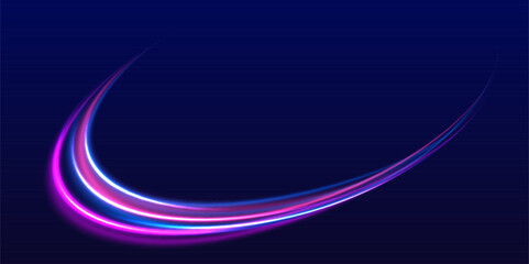 Speed police line. Laser beams, horizontal light rays. Magic shining neon light line trails. Purple glowing wave swirl, impulse cable lines. High speed effect motion blur night lights