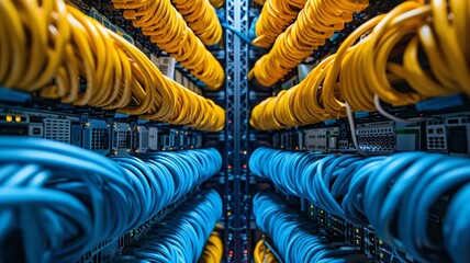 Array of yellow and blue cables neatly organized in server racks - obrazy, fototapety, plakaty