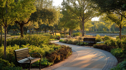 Obraz premium Tranquil Park Bench on a Winding Path at Sunset