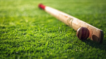 Close-up of a cricket bat and ball on green grass - obrazy, fototapety, plakaty