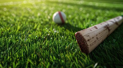 Close-up of a cricket bat and ball on green grass - obrazy, fototapety, plakaty