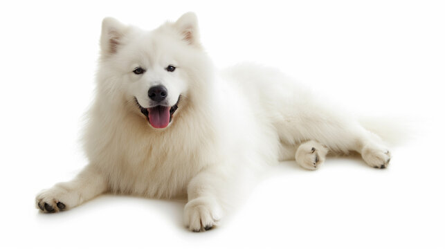 photo of happy samoyed dog on white background