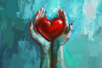 Hands Holding Red Heart on Blue Background, Love and Compassion Concept, Digital Painting