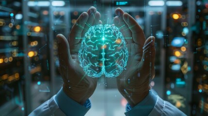 Fototapeta premium Doctor is holding a hologram of a brain in their hands