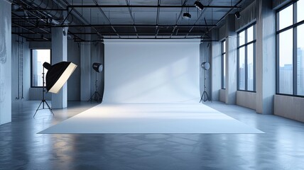 Brightly lit photo studio ready for a professional shoot