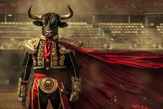 humanoid bull head man, wearing a matador uniform, holding a red cape in a bullfighting arena, digital art
