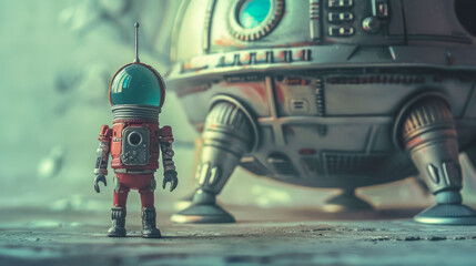 Toy astronaut meets robotic companion in sci-fi setting