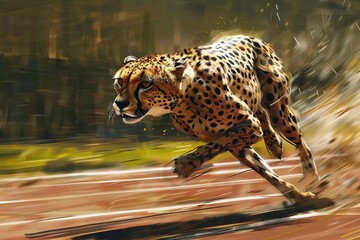 humanoid cheetah head man, wearing a track and field uniform, running on a race track, digital art