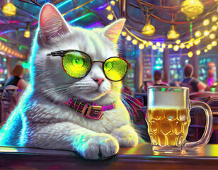 Um gato branco, humanizado, sério, usando óculos, com uma caneca de chope na mesa de um pub muito iluminado. - obrazy, fototapety, plakaty