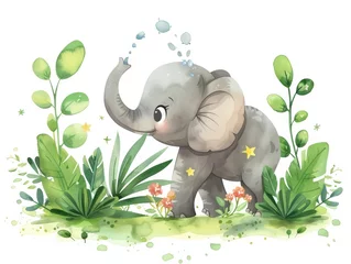 Foto op Canvas A cartoon elephant is walking through a lush green jungle. The elephant is surrounded by flowers and plants, and there are stars in the sky above. The scene is peaceful and serene © AW AI ART