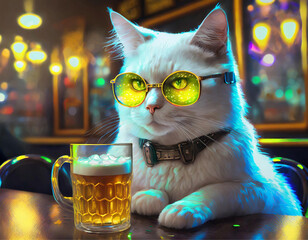 Um gato branco, humanizado, usando óculos, com uma caneca de chope na mesa de um pub muito iluminado. - obrazy, fototapety, plakaty