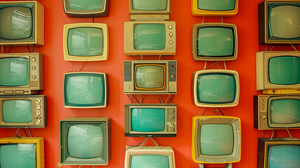 Vintage tvs mounted on a bright orange wall, showcasing past era technology