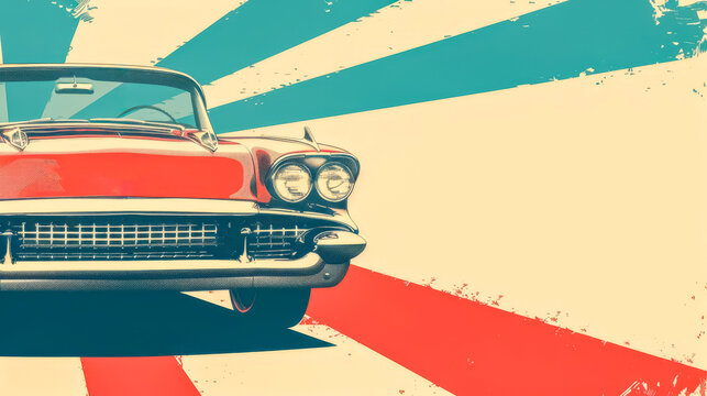 Vintage car with retro sunburst background