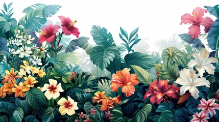 Foto op Canvas A lush green jungle with a variety of flowers including pink, yellow, and white. The flowers are scattered throughout the scene, with some in the foreground and others in the background © awaiart
