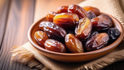 Fototapeta premium Dried dates on a plate, close-up, selective focus. generative ai