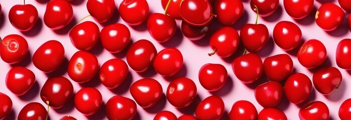 Cherries on a pink background, close-up, macro. Banner. generative ai