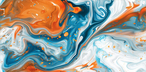 Vivid Orange and Blue Abstract Acrylic Painting with Marble Effect and Flecks of Gold