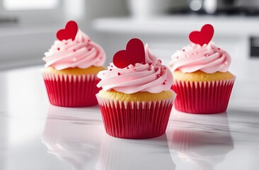 Cupcakes decorated with pink hearts on a white plate in the kitchen. generative ai